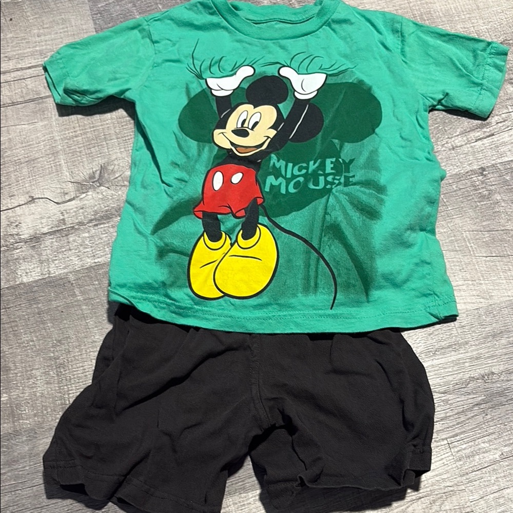 Green Mickey Mouse T-Shirt with Black Shorts